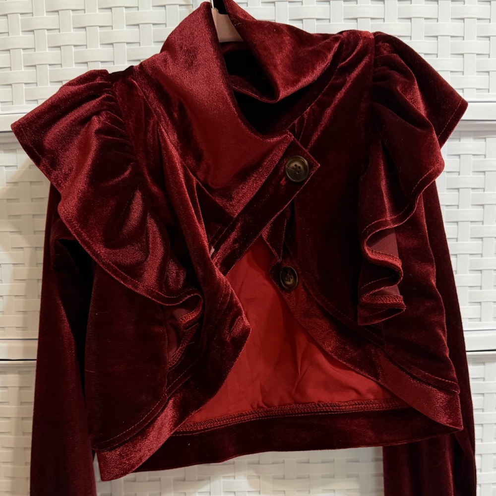 Joyfolie Burgundy Velvet Ruffle  Jacket